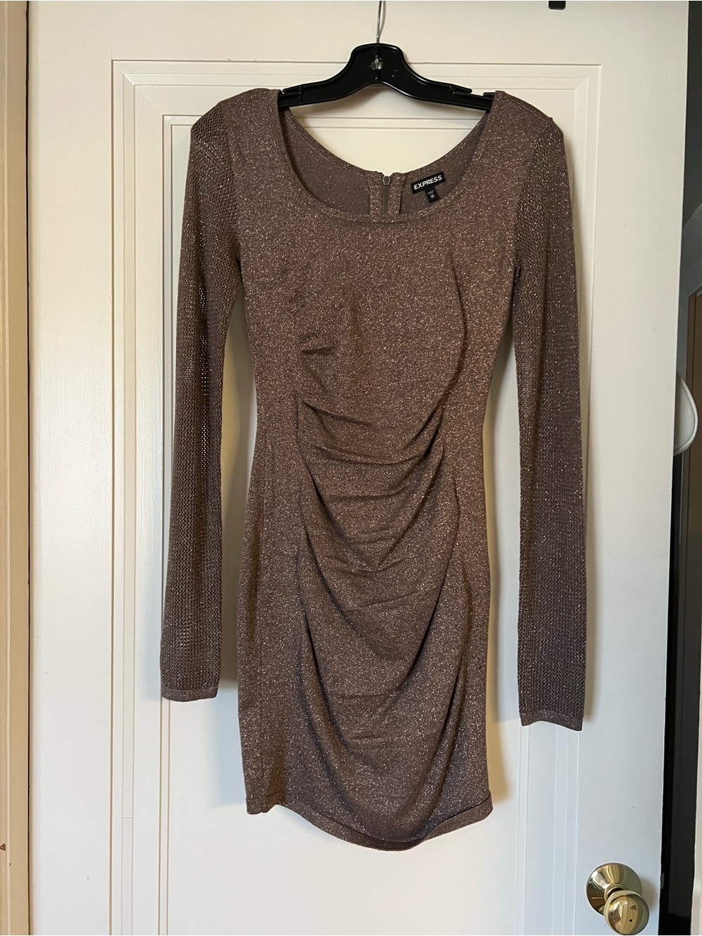 Express Shimmery Bronze Long Sleeve Ruched Bodycon Dress